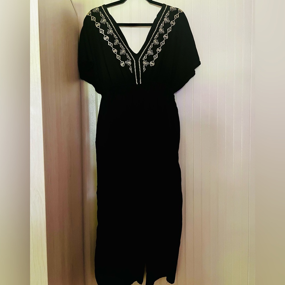 World Market Black Maxi Dress with White V-Neck Embroidery